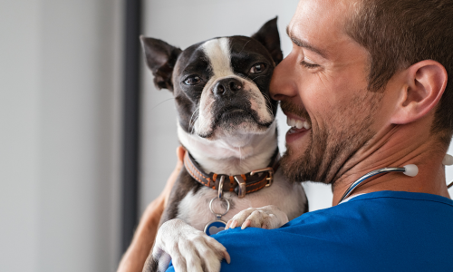 A veteranarian holding a dog smiling.  